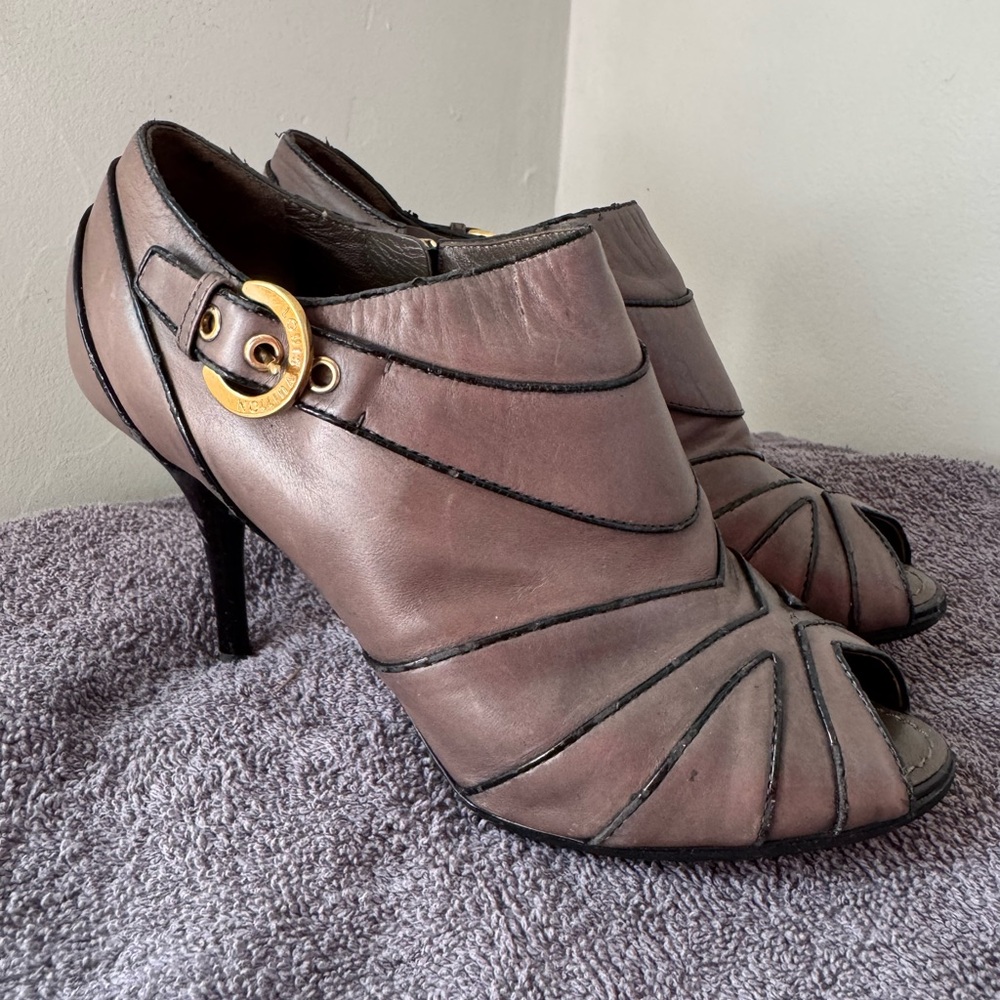 Louis Vuitton Brown Leather Peep-Toe Heels with Gold Buckle